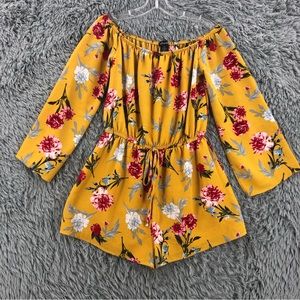 Justify Romper Womens Medium Yellow Flower Shorts Off Shoulder Cinch Waist